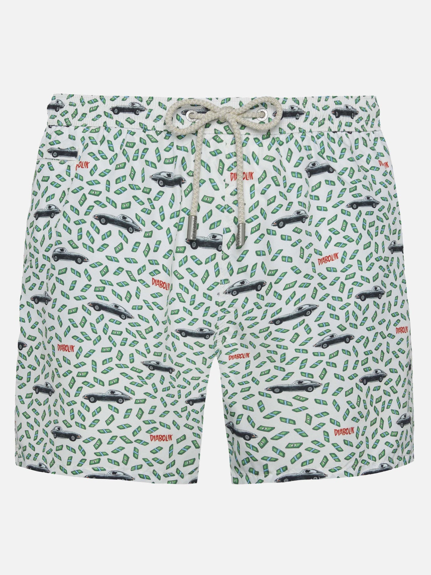 Man light fabric swim shorts with car and money print | DIABOLIK SPECIAL EDITION
