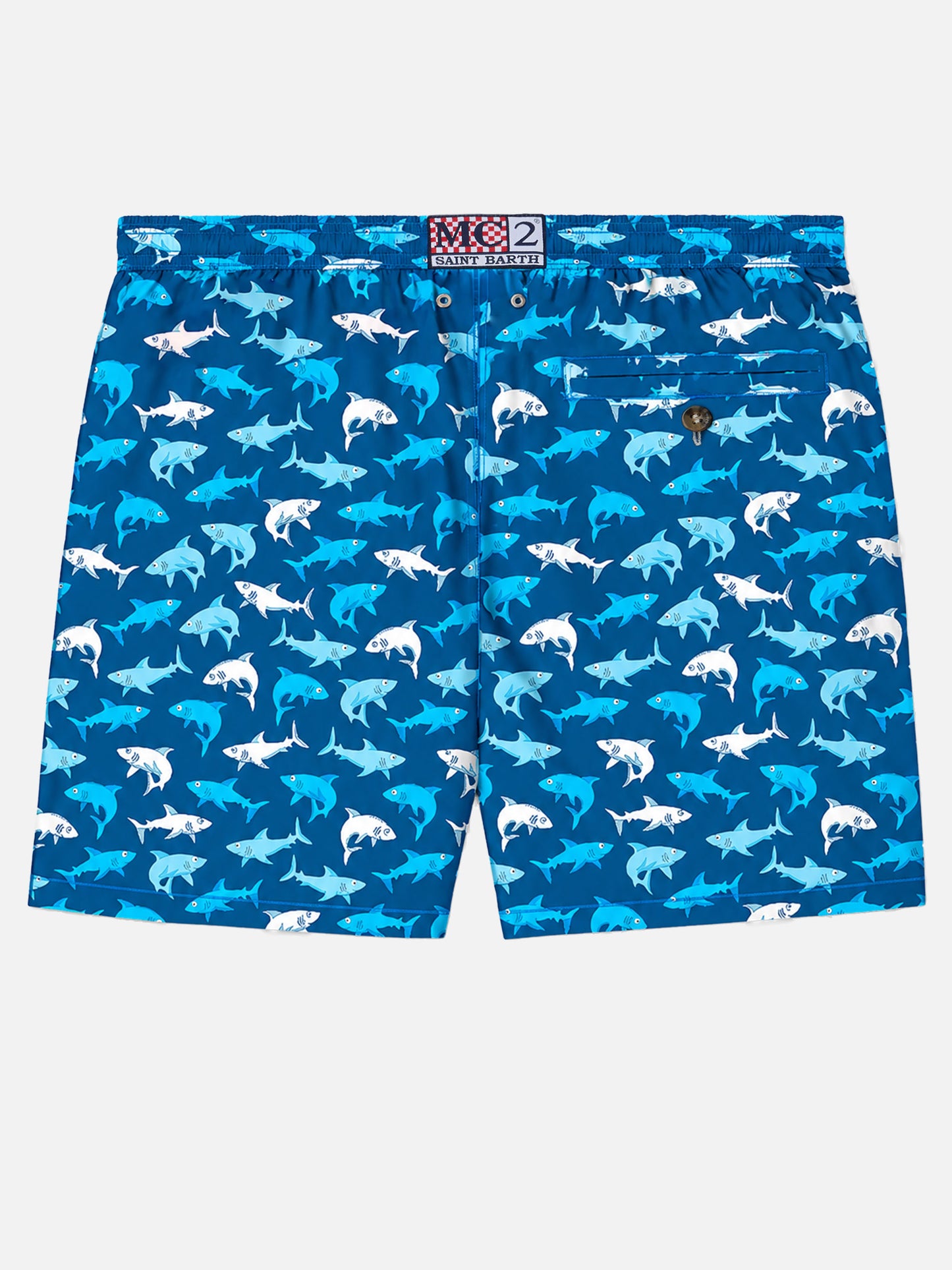 Herren-Badeshorts aus leichtem Stoff mit mehrfarbigem Hai-Aufdruck