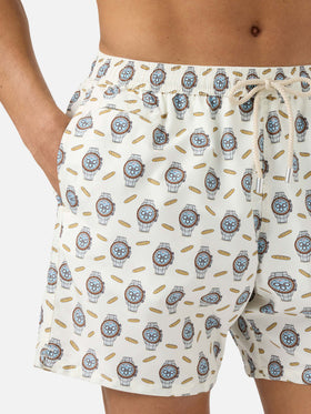 White Lighting Micro swim shorts with watches and baguettes print