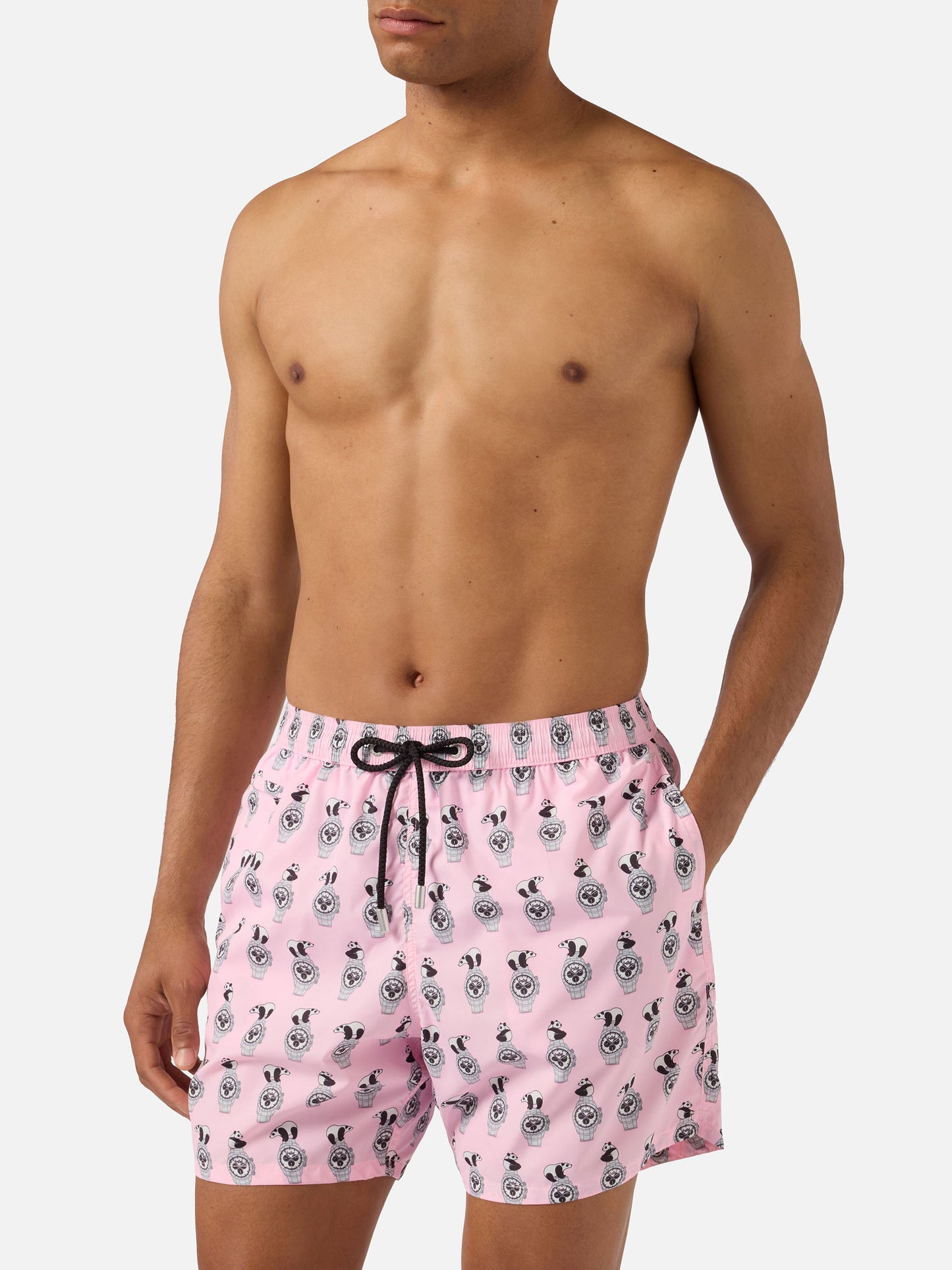 Pink Lighting Micro swim shorts with panda and watches all-over print