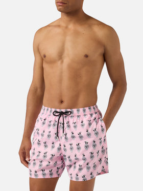 Pink Lighting Micro swim shorts with panda and watches all-over print