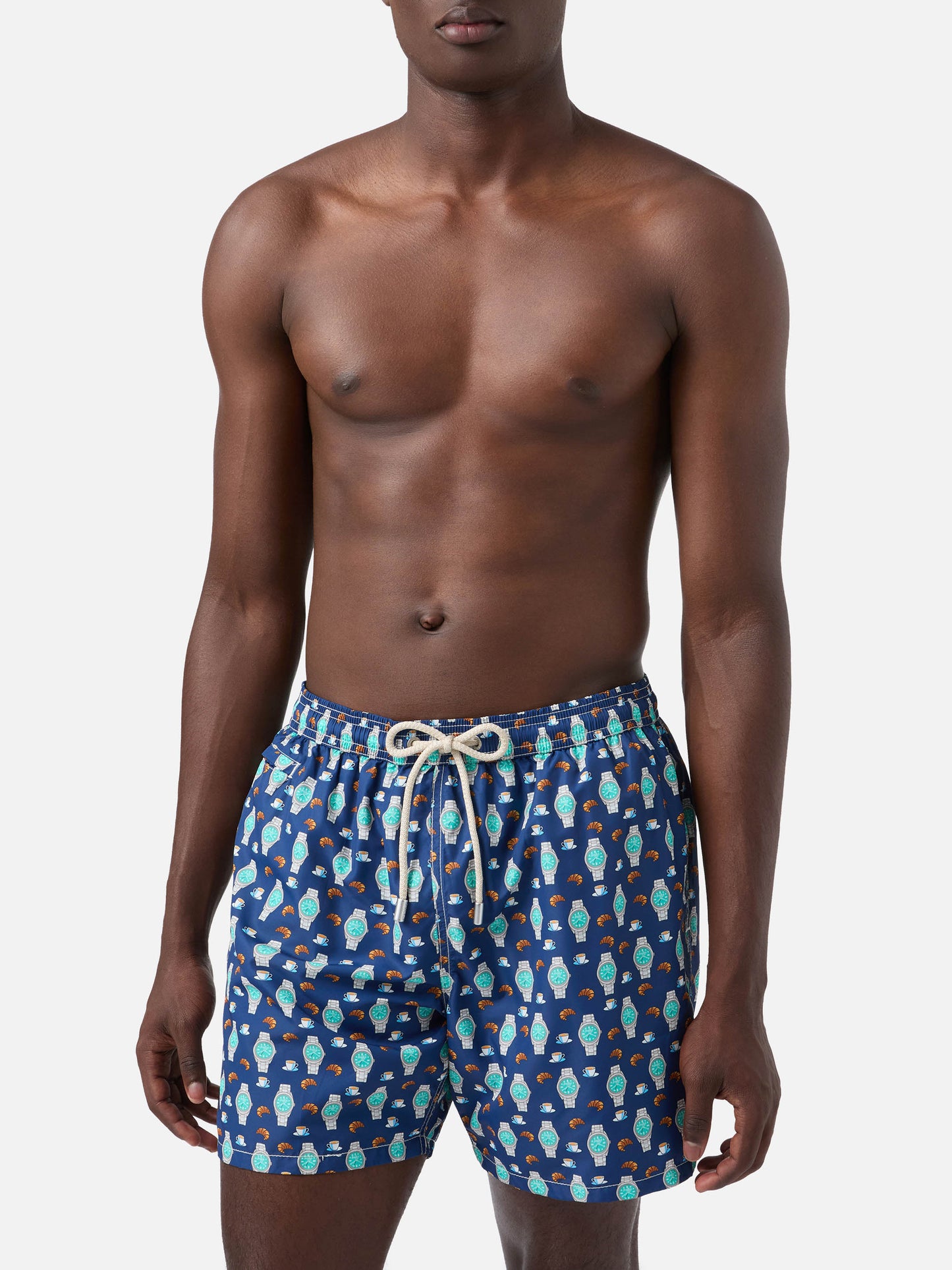 Navy Lighting Micro swim shorts with breakfast watch print