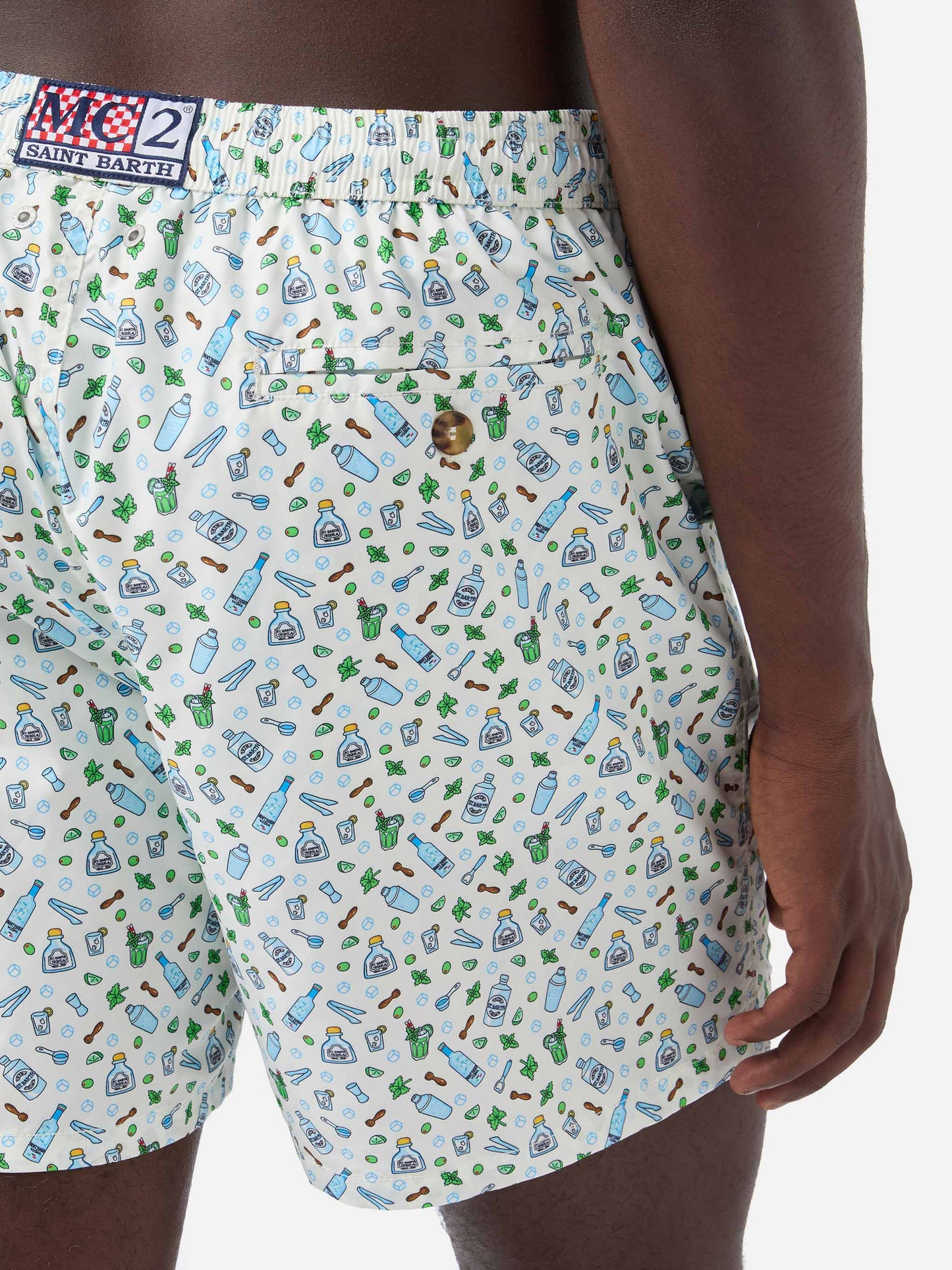 White Lighting Micro swim shorts with barman print