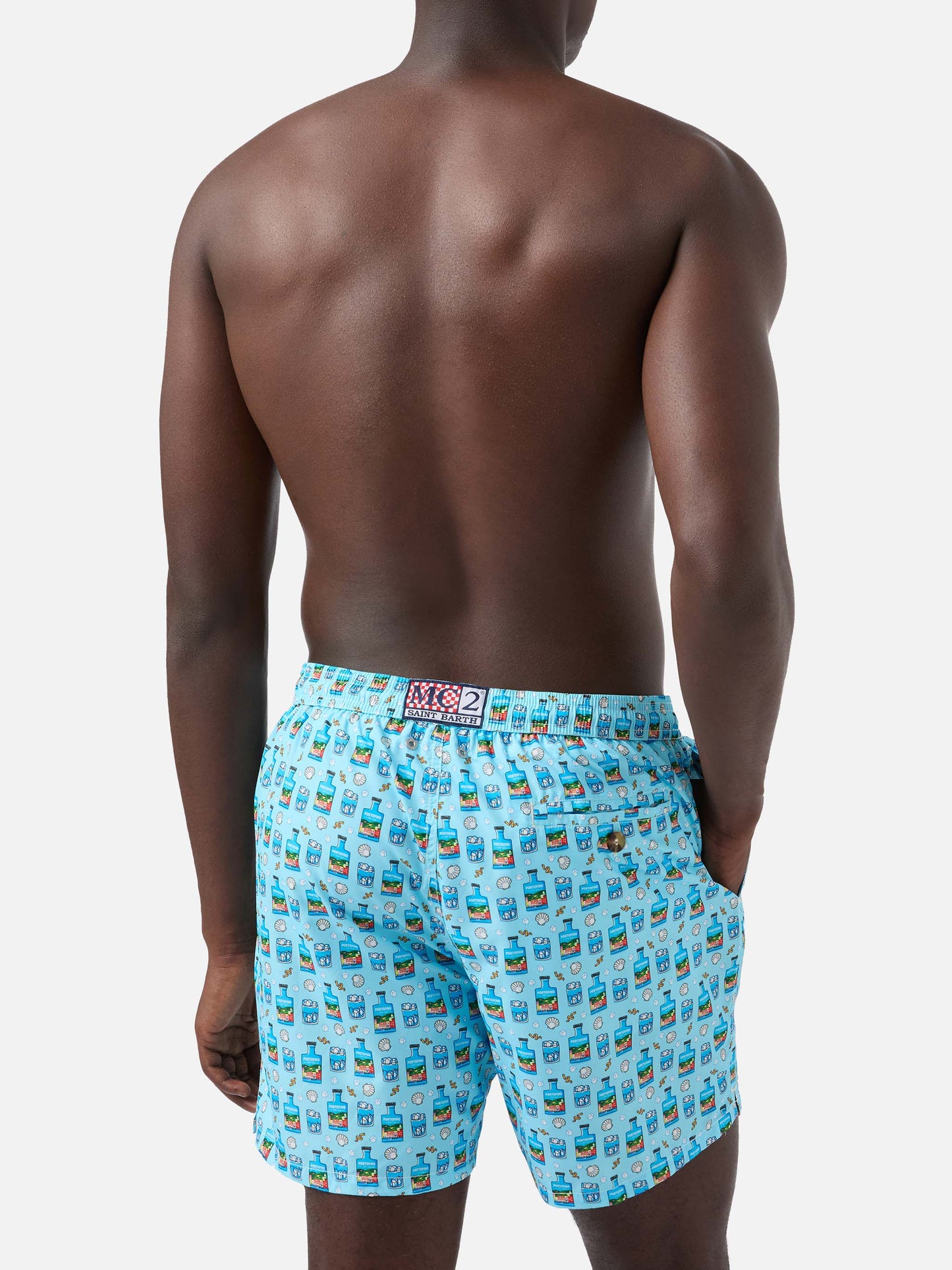 Light blue Lighting Micro swim shorts with Portofino Gin print | Special Edition