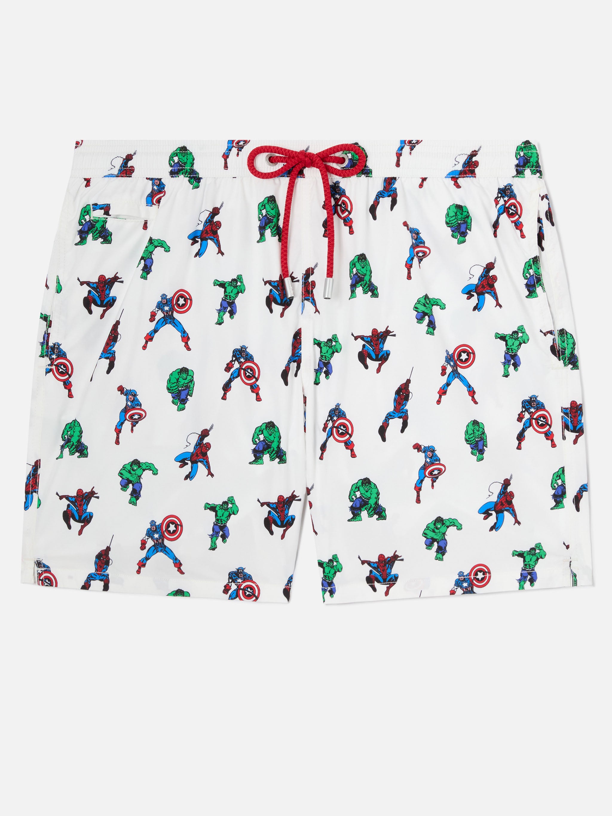 White Lighting Micro Fantasy swim shorts with superheroes print