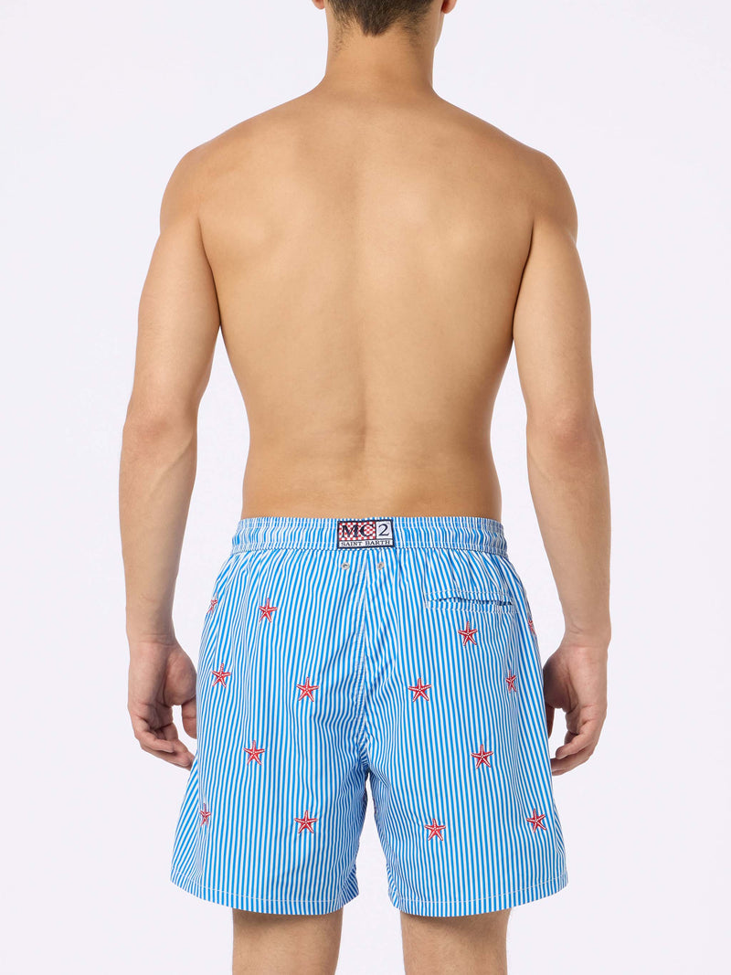 Man lightweight fabric swim-shorts Lighting with seastars embroidery