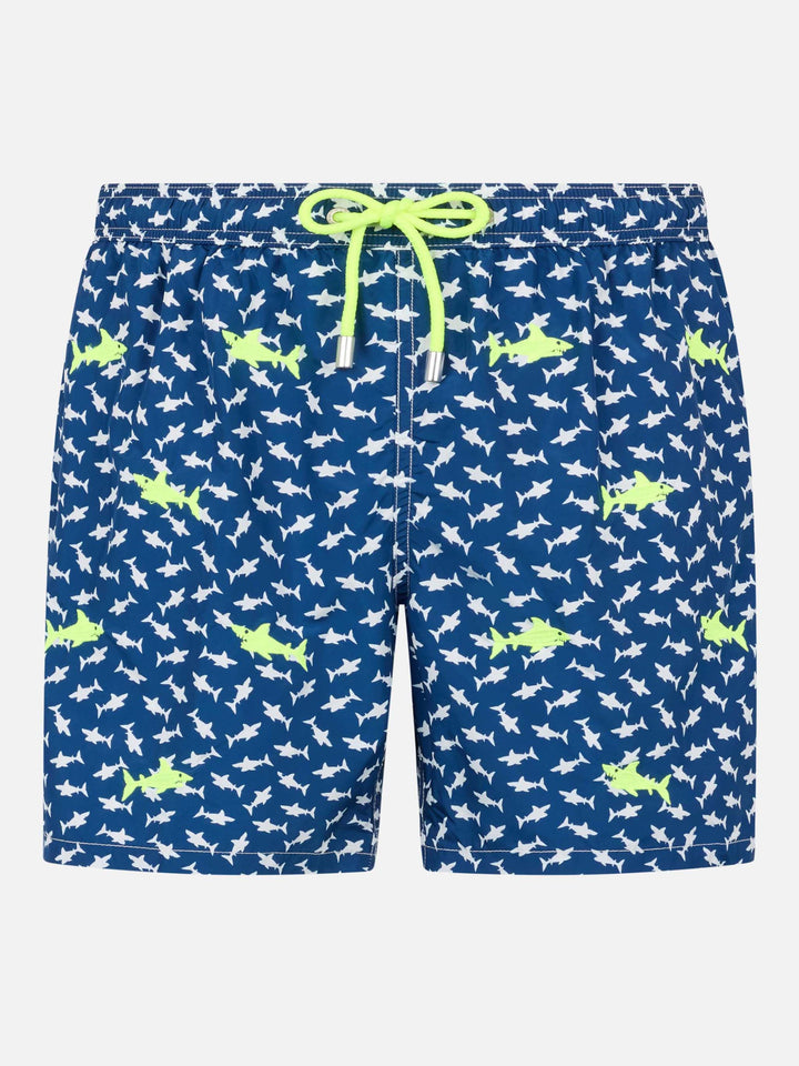 Herren-Badeshorts aus leichtem Stoff mit aufgestickten Haien