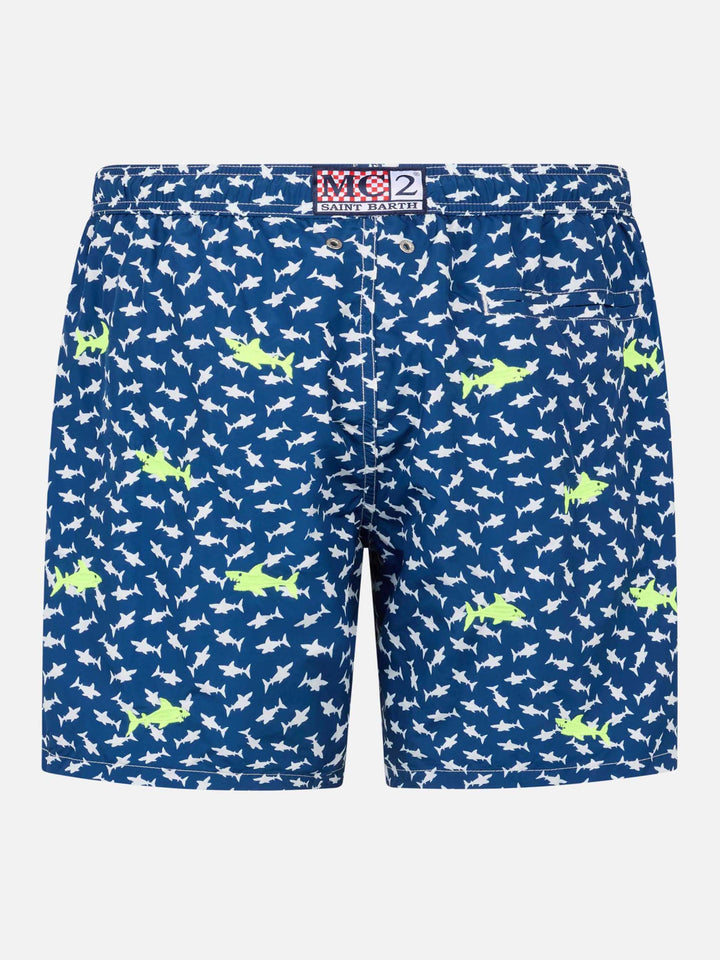 Herren-Badeshorts aus leichtem Stoff mit aufgestickten Haien