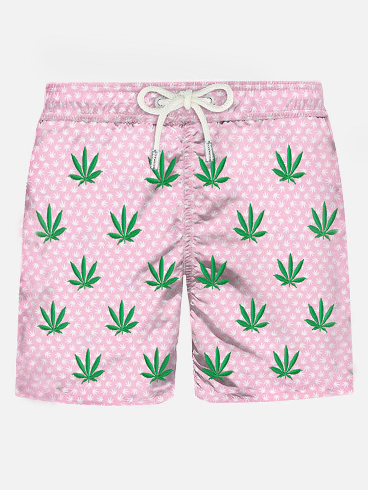 Herren-Badeshorts aus leichtem Stoff mit aufgestickten Blättern