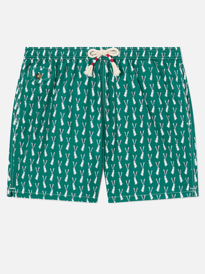 Lighting swim shorts in technical fabric with rabbit pattern in green and multicolor