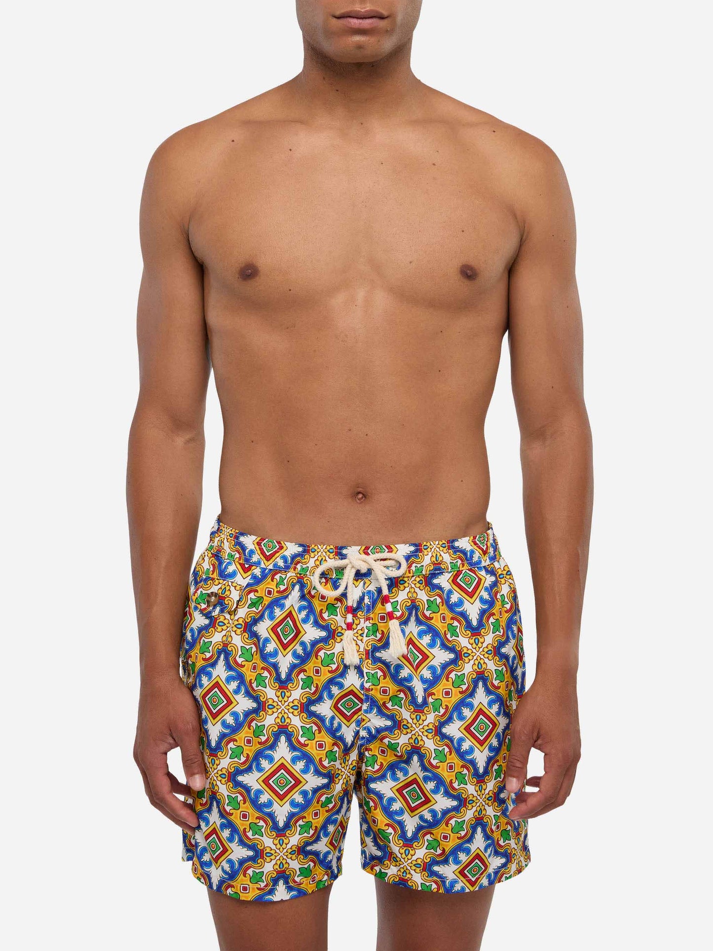 Man light fabric swim shorts with majolica print