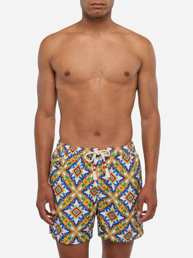 Man light fabric swim shorts with majolica print