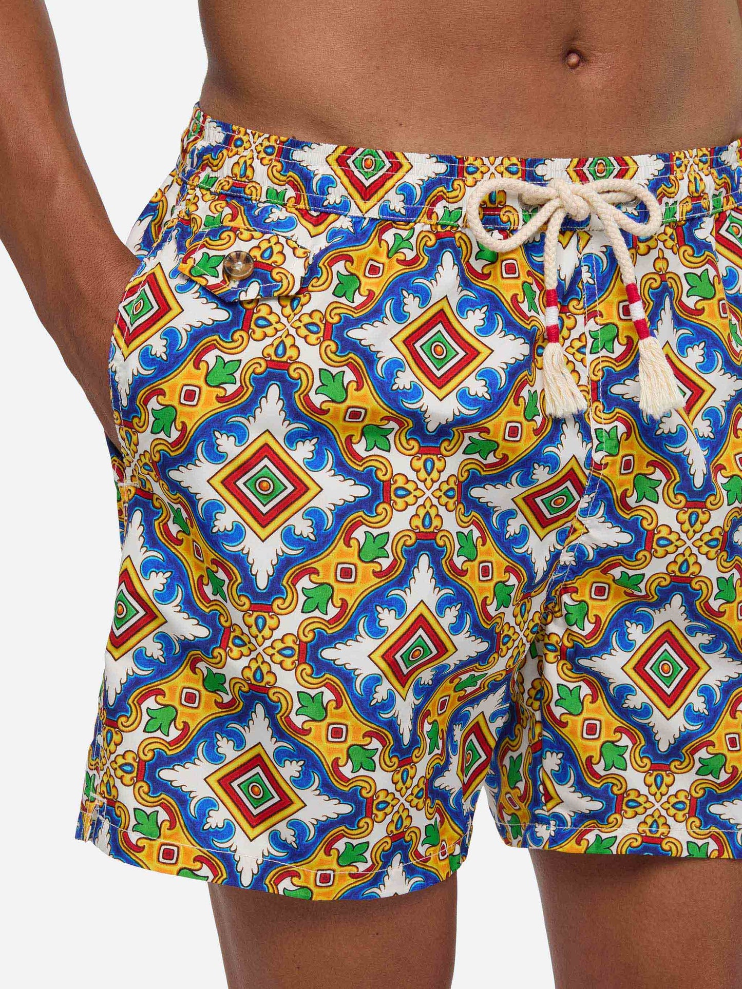 Man light fabric swim shorts with majolica print