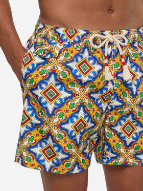 Man light fabric swim shorts with majolica print