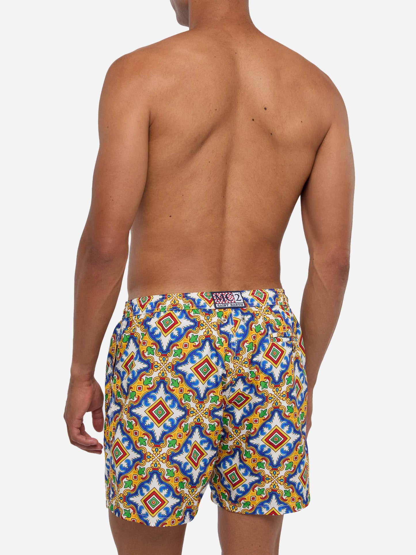 Man light fabric swim shorts with majolica print