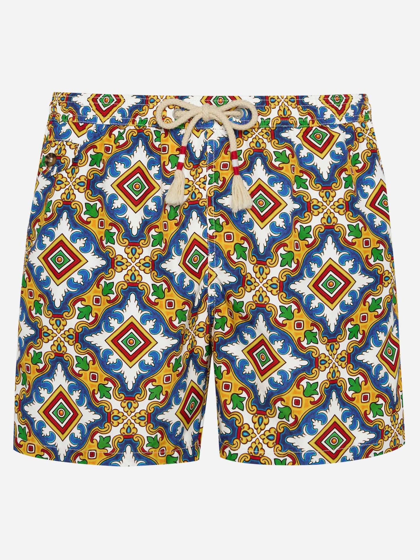 Man light fabric swim shorts with majolica print