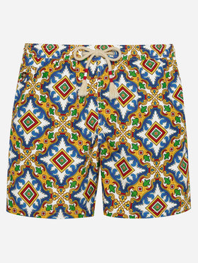 Man light fabric swim shorts with majolica print