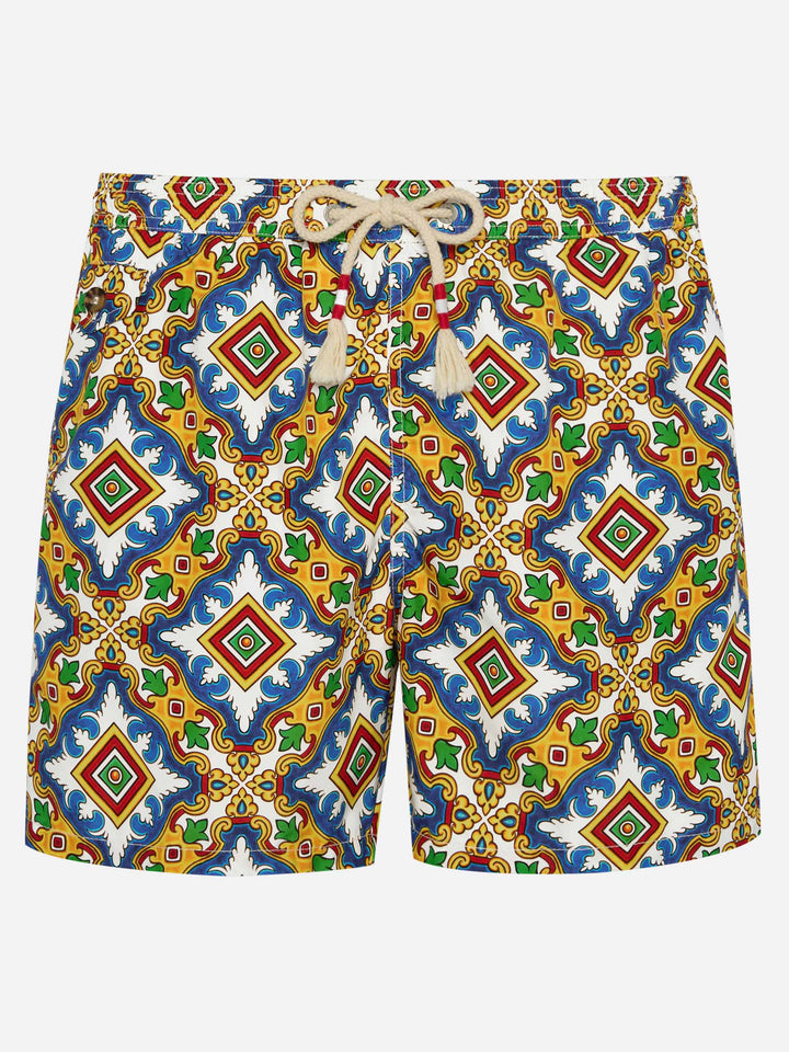 Man light fabric swim shorts with majolica print