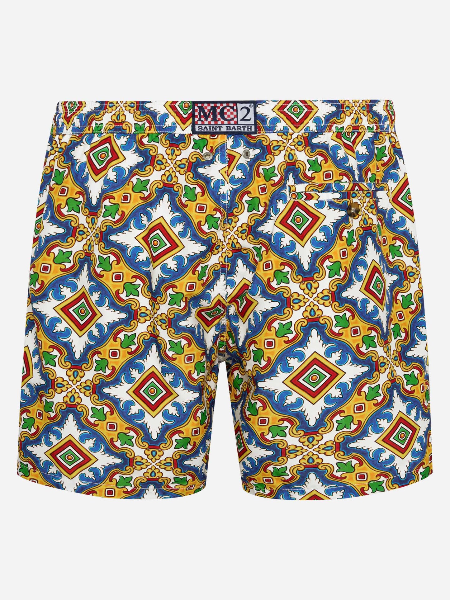 Man light fabric swim shorts with majolica print