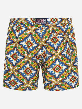 Man light fabric swim shorts with majolica print