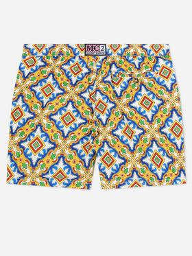 Lighting white multicolor majolica print technical fabric swim shorts
