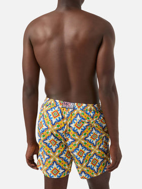 Lighting white multicolor majolica print technical fabric swim shorts