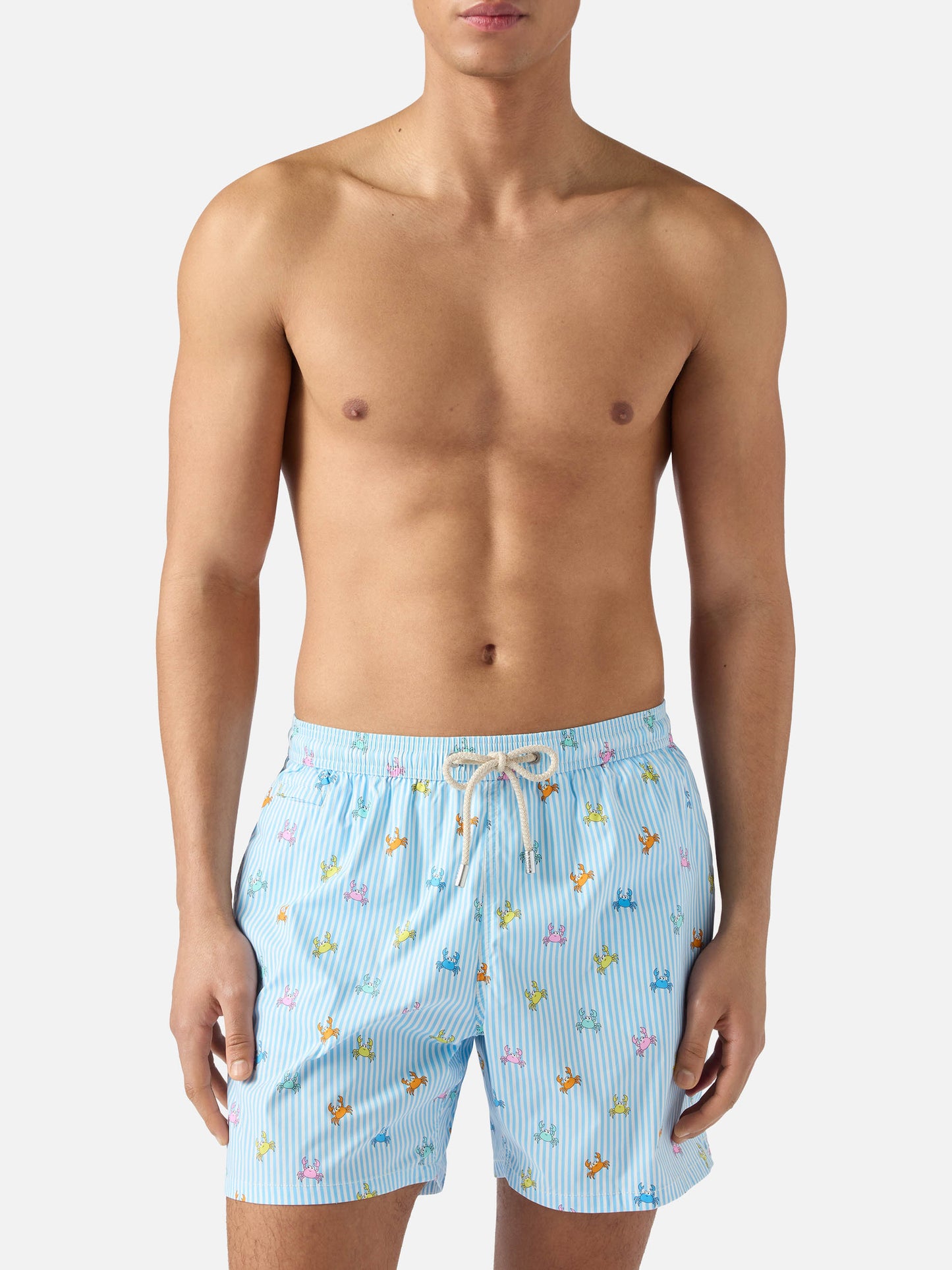 Light blue striped Lighting Micro swim shorts with all-over crab print