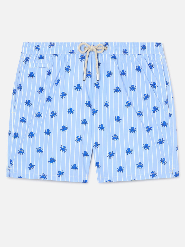 Blue striped Lighting Micro swim shorts with all-over octopus print