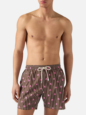 Brown striped Lighting Micro swim shorts with all-over octopus print