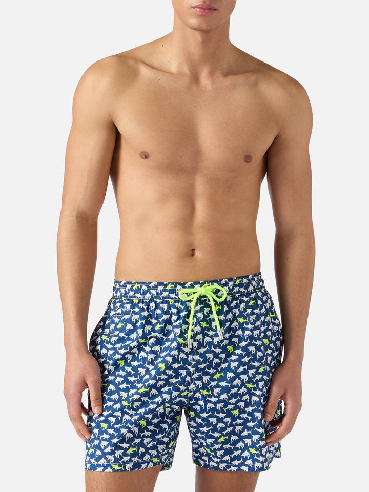 Navy blue Lighting Micro swim shorts with all-over shark print