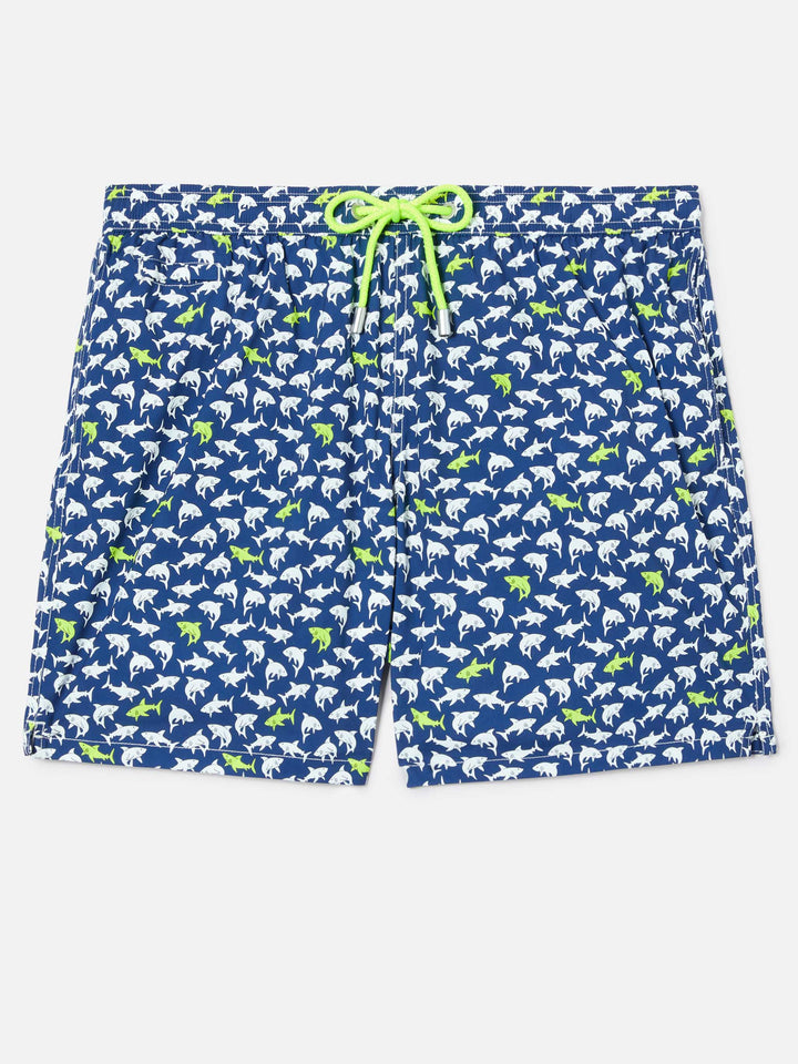 Navy blue Lighting Micro swim shorts with all-over shark print