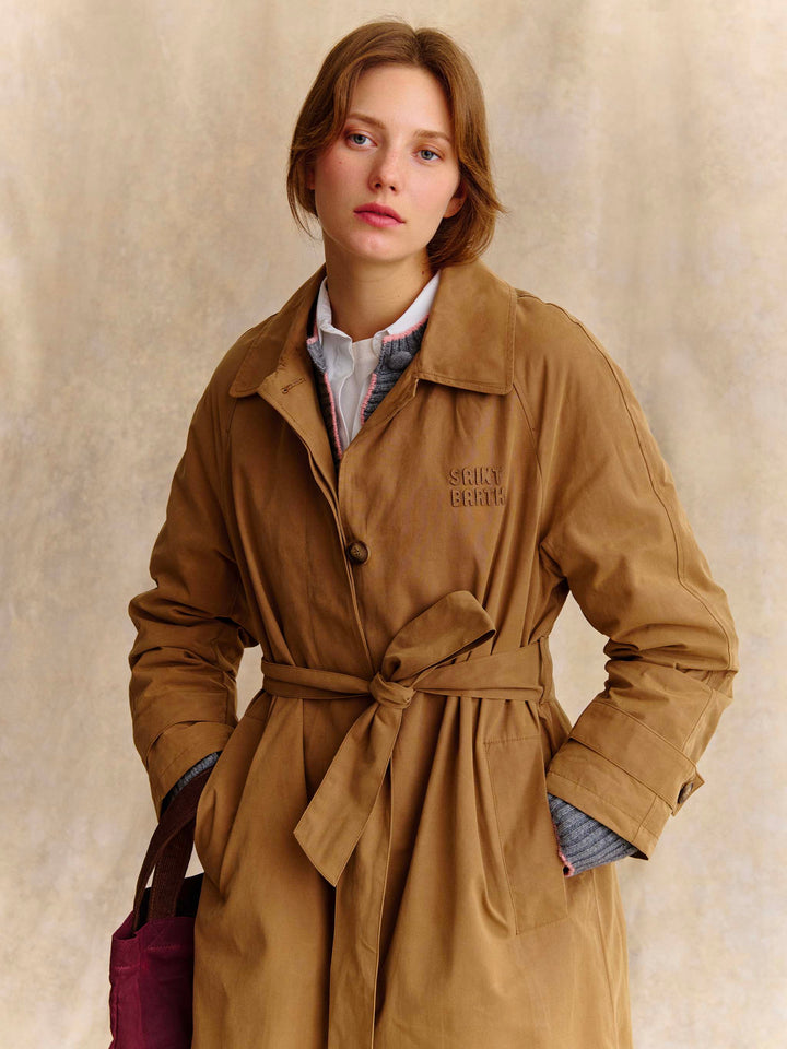 Manteau ciré Beige Lior en mélange de coton avec doublure tartan 