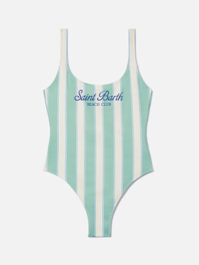 Costume intero Lora a righe verde salvia e panna con stampa Beach Club