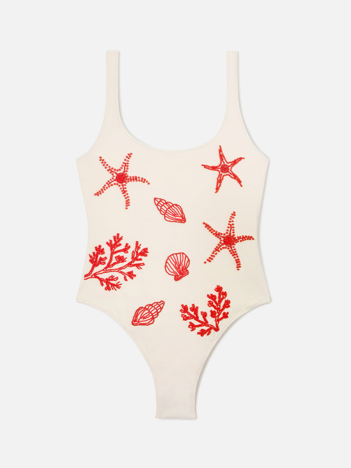 Costume intero Lora panna con decorazioni marine in perline 