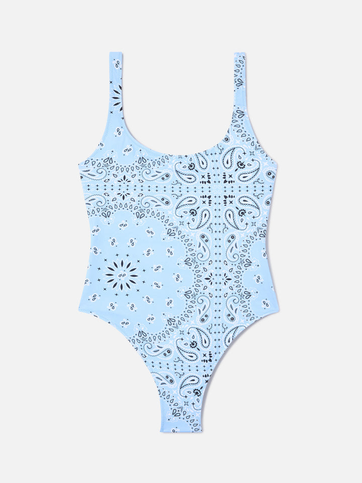 Lora Badeanzug mit hellblauem Bandana-Allover-Print 