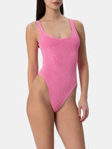 Woman pink crinkle one piece swimsuit Lora