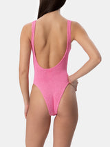 Woman pink crinkle one piece swimsuit Lora