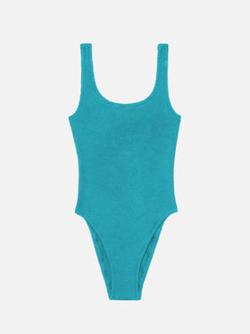 Woman teal lurex crinkle one piece swimsuit Lora