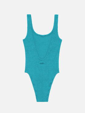 Woman teal lurex crinkle one piece swimsuit Lora