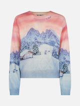 Woman blended cashmere sweater Louise with chalet sunset print