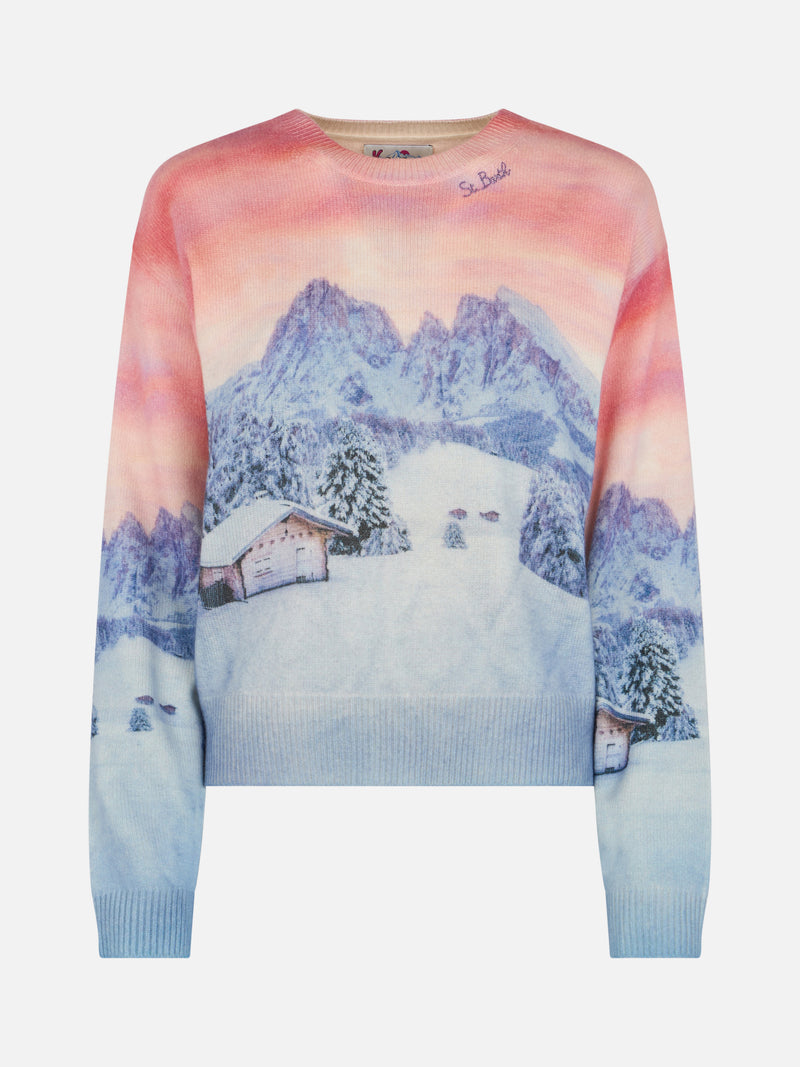 Woman cashmere blend sweater Louise with chalet sunset print