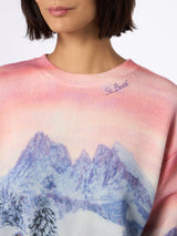 Woman cashmere blend sweater Louise with chalet sunset print