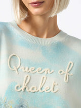 Woman cashmere blend sweater Louise with chalet print and Queen of Chalet embroidery