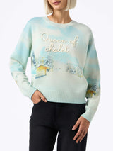 Woman cashmere blend sweater Louise with chalet print and Queen of Chalet embroidery