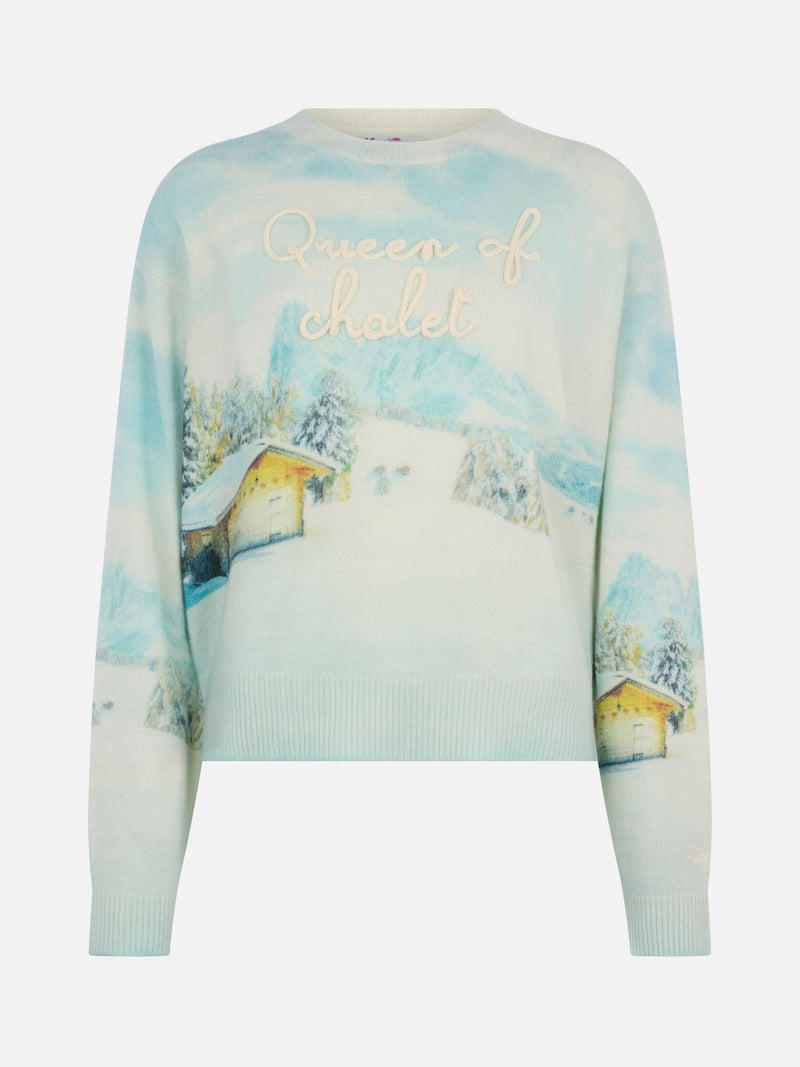 Woman cashmere blend sweater Louise with chalet print and Queen of Chalet embroidery