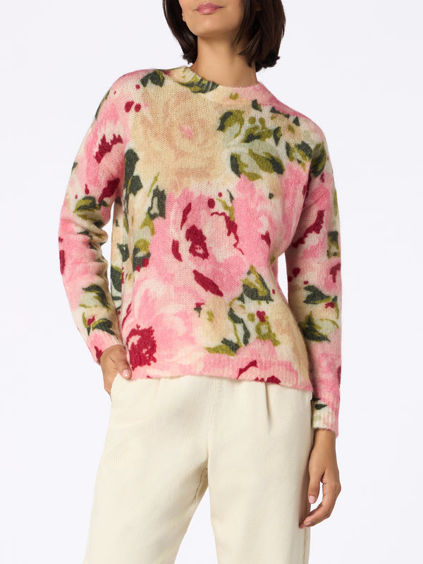 Woman blend cashmere sweater Louise with peony print