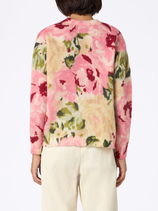 Woman blend cashmere sweater Louise with peony print