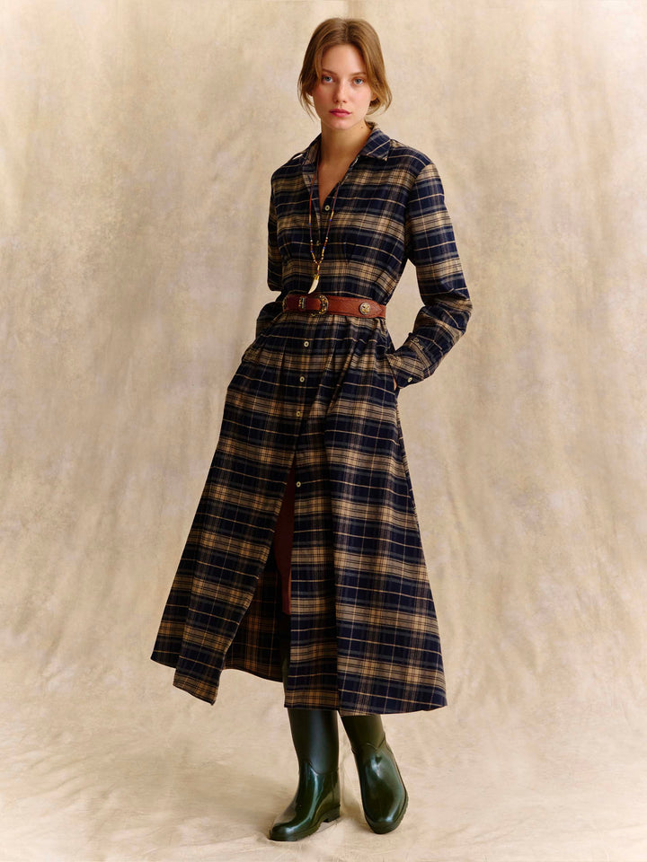 Alys flannel long shirt dress with tartan pattern