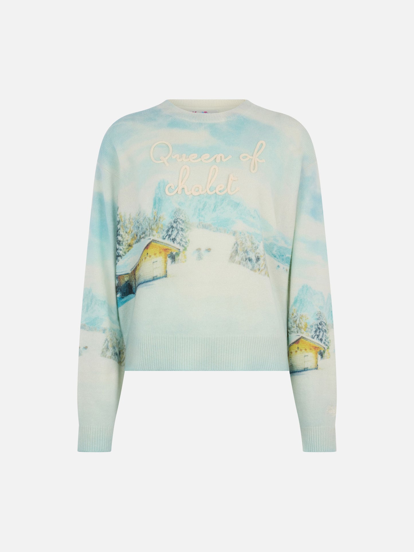 Weißes Louise Jr-Pullover-Hemd mit Chalet-Print und „Queen of Chalet“-Stickerei