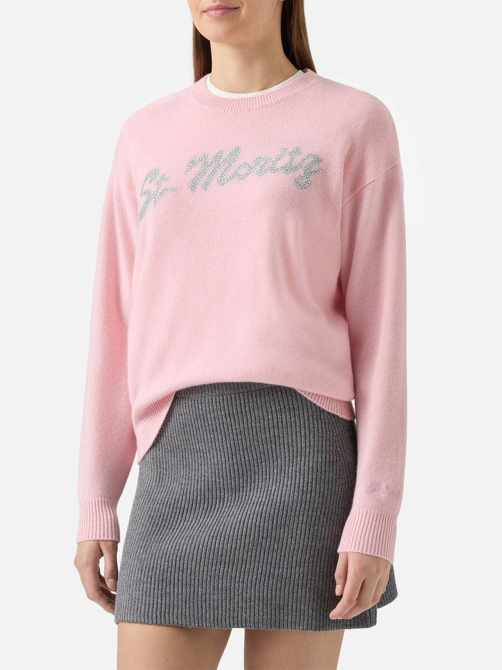 Maglione Louise in cashmere rosa con applicazione St. Moritz in strass